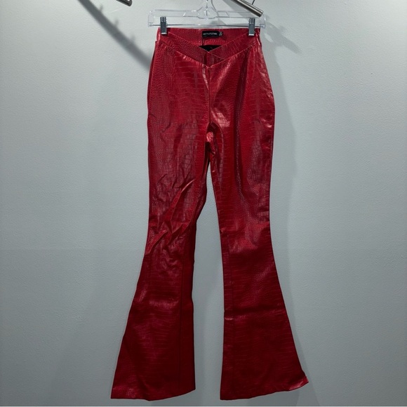 PrettyLittleThing Red Faux Leather Flare Pants Croc Embossed Size 2 - Picture 1 of 15